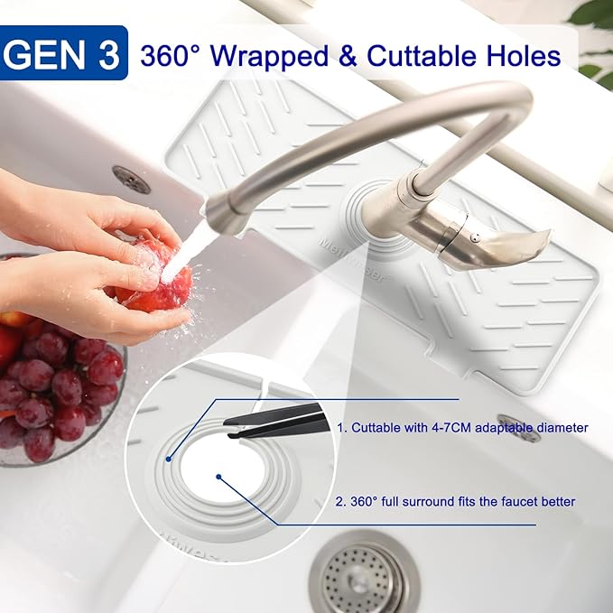 Meiliweser Silicone Faucet Mat for Kitchen Sink – Gen 3 10° Slope Splash Guard