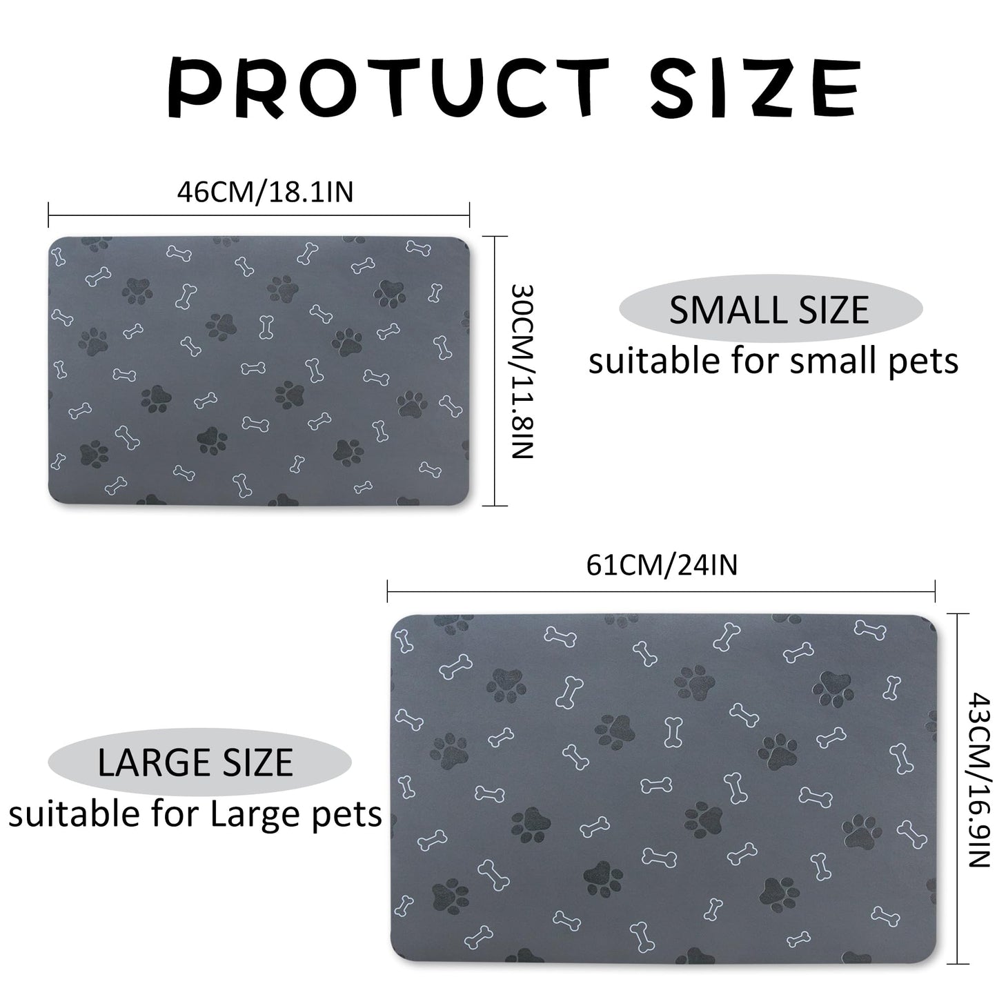 Pet Cat Dog Food Mat Non Slip Mat for Dog Water Bowl Mat Quick Dry Absorbent Cat Feeding Mat, 18.1 * 11.8 in, Dark Grey