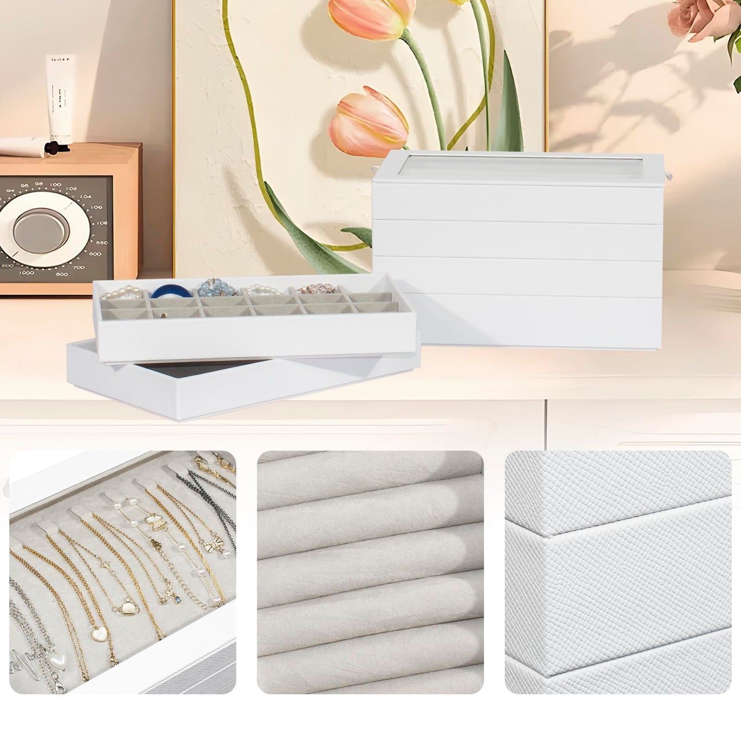 GLOBAL KA Stackable Jewelry Organizer Trays with Glass Lid,Jewelry Tray for Drawer Insert,Jewelry Display Case for Earring Necklace Ring Watch Bracelet,White PU Leather Gray Velvet Lining,6 Layers