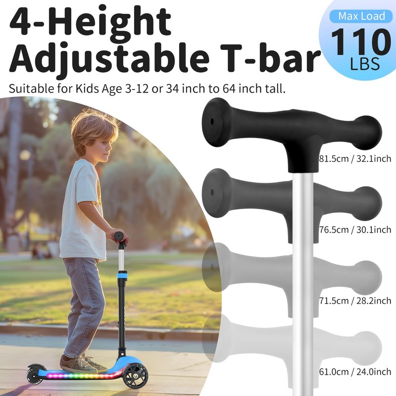 BELEEV Kids Scooter with LED Light-Up Wheels & Deck, 3 Wheel Folding Scooter for Toddlers Girls Boys Ages 3-12, Adjustable Handlebar, Lean to Steer, Extra Wide Wheel, Kick Scooter for Children (Blue)