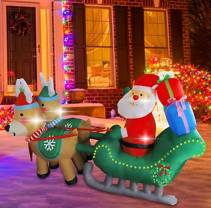 MorTime 6.7 FT Christmas Inflatable Santa Claus on Sleigh Pulled by Two Reindeers with Gift Boxes, Blow up Lighted Xmas Yard Decor with LED Lights for Christmas Outdoor Decorations