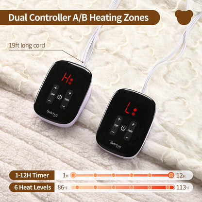 Bearhug Electric Blanket King Size 100" x 90", Dual Controller Heated Blanket, White Flower Patterns Faux Fur & Warm Sherpa, 10-Heat Levels & 1-12H Auto Off,ETL, Machine Washable