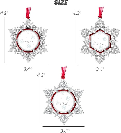 West style Snowflake Picture Frame Ornament Christmas Tree Ornaments Set 3 Pieces-Metallic Hanging Home Deco Hanging Pendant Holiday Keepsake Gift (Red, 3 Pieces)
