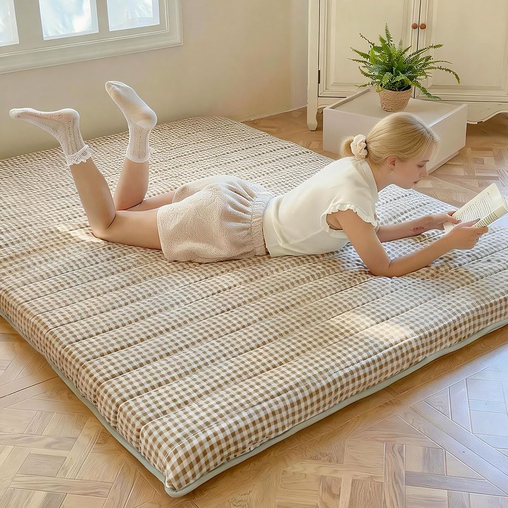 NSNLGSGC Tan Gingham Japanese Floor Mattress, 3.5" Thick High Density Foam Futon Mattress, Foldable Tatami Sleeping Pad, Roll Up Floor Bed for Dorm Guest Room, Twin Size 39" x 80"