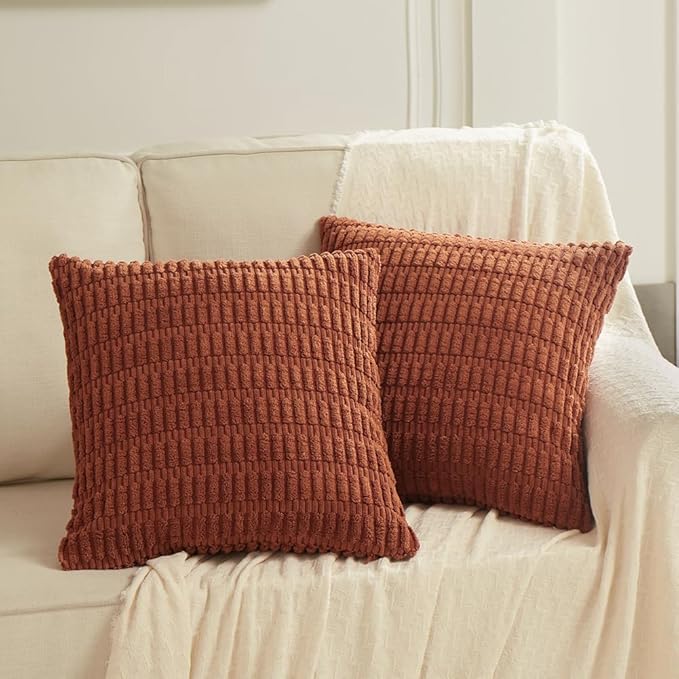 Fancy Homi Rust Decorative Throw Pillow Covers 16x16 Inch for Living Room Couch Bed Sofa, Soft Striped Corduroy Square Cushion Case 40x40 cm, Terracotta Rustic Farmhouse Boho Home Decor