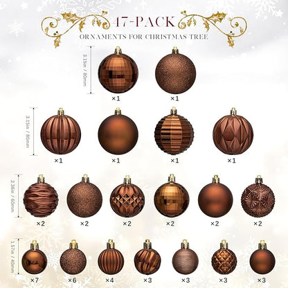 JORNOY Christmas Tree Ornaments Set, 47 Pack Assorted Shatterproof Hanging Balls Decorations, Plastic Bulbs Bulk with Lanyard for Home Holiday Party Decor, 3-Sizes (Brown)