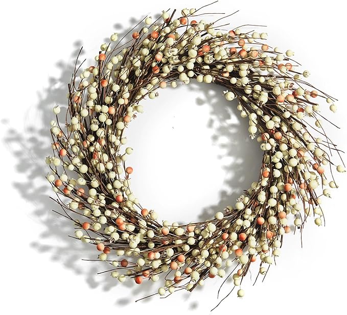 LampLust Grapevine Wreath for Front Door, 22 Inch, Cream Pip Berries, Farmhouse Wreath, Indoor Outdoor Year-Round Decor, Rustic Farmhouse Decor, Fall Wreaths for Front Door, Thanksgiving Décor