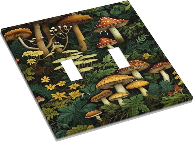 Mushrooms Forest Nature Botanical Art Light Switch Covers Double Toggle 2 Gang Wall Plate Dual Decorative Switchplate Electrical Faceplate for Farmhouse Living Room Decor