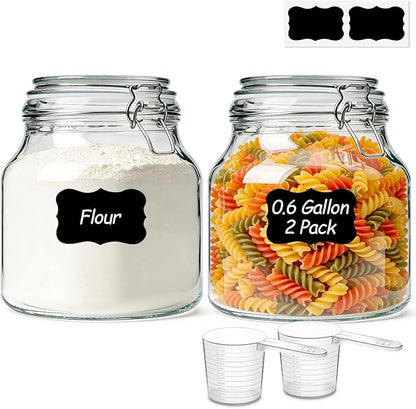 ComSaf 2-Pack 74oz (0.6 Gal) Wide-Mouth Glass Jars with Airtight Clamp Lids, Large Food Storage Containers for Flour, Sugar, Coffee & Pantry Organization, Includes Measuring Cup & Reusable Labels