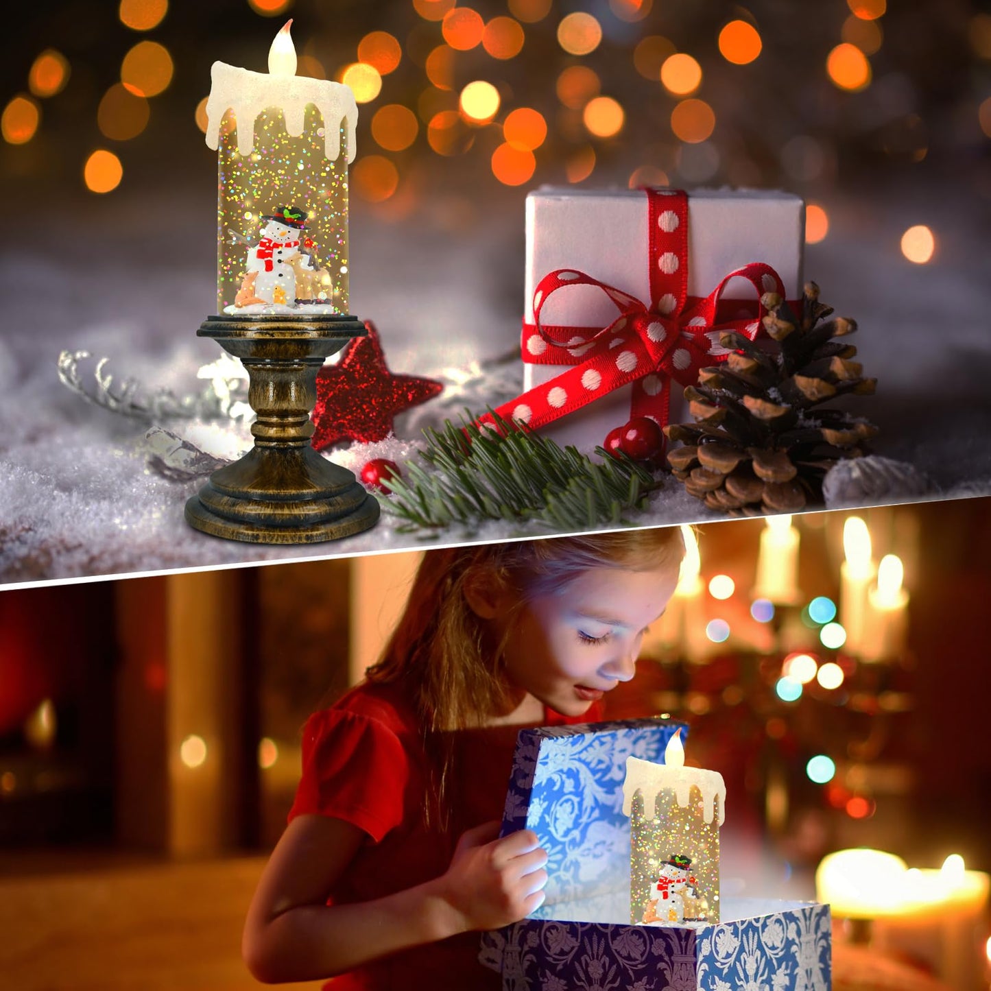 AOMIL Christmas Flameless Candles, Flickering Flameless Candles with Timer, LED Candles Battery Operated, Snow Globe Candle Light for Christmas Decorations