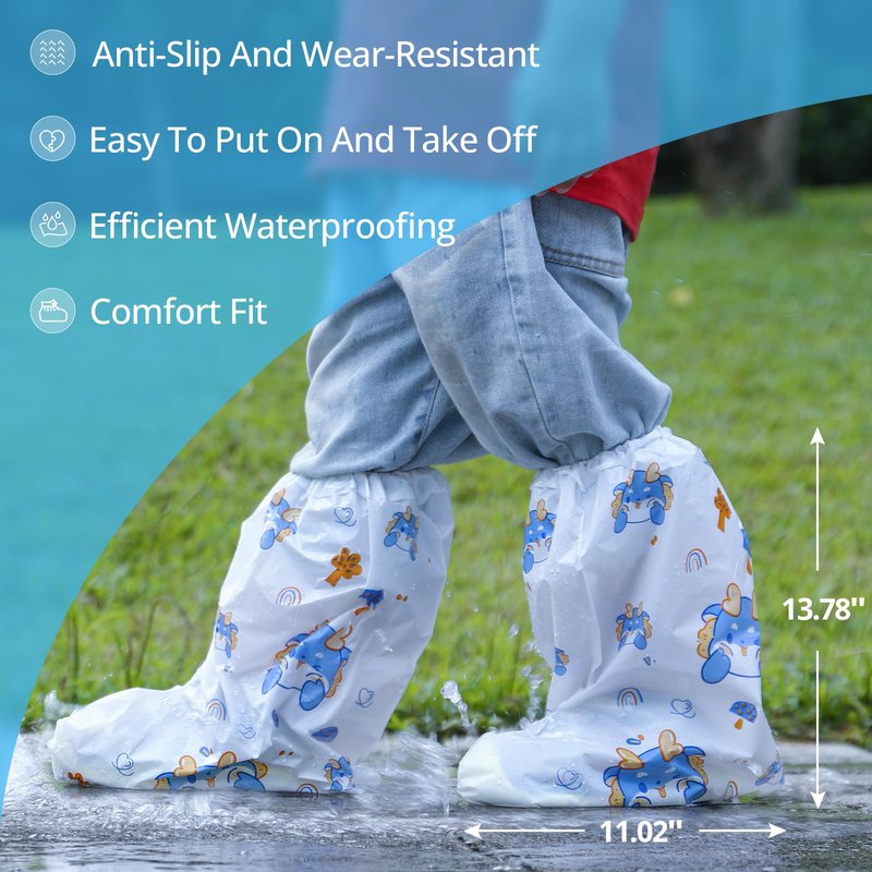 10-Pack Kids' Rain Shoe Covers - Waterproof, Dinosaur Pattern, 13.78×11.02 in, Fits Ages 3-8, Ideal for Rainy Days & Outdoor Activities