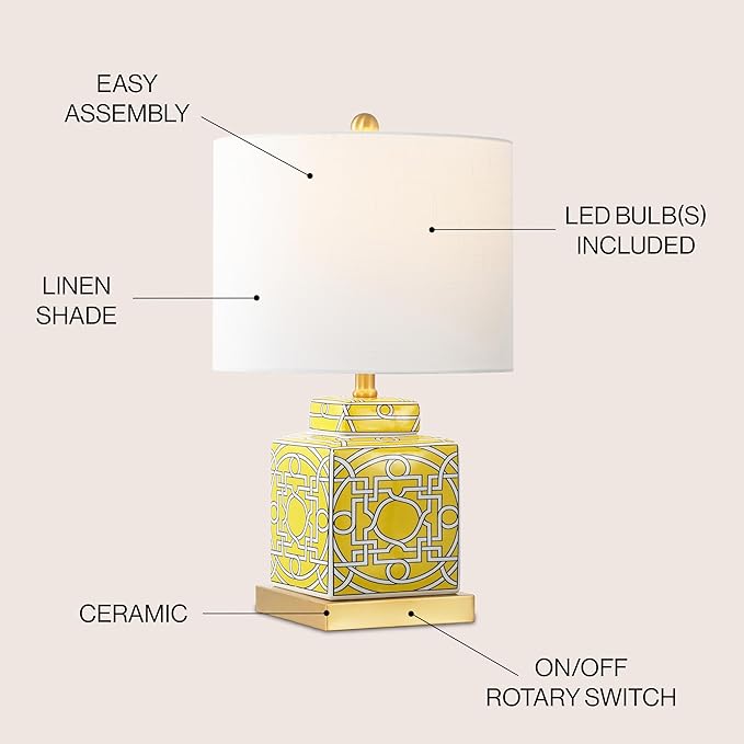 JONATHAN Y JYL3044C Catherine 22" Modern Transitional Ceramic/Metal Square Ginger Jar LED Table Lamp, Yellow/White for Bedroom, Living Room, Office, College