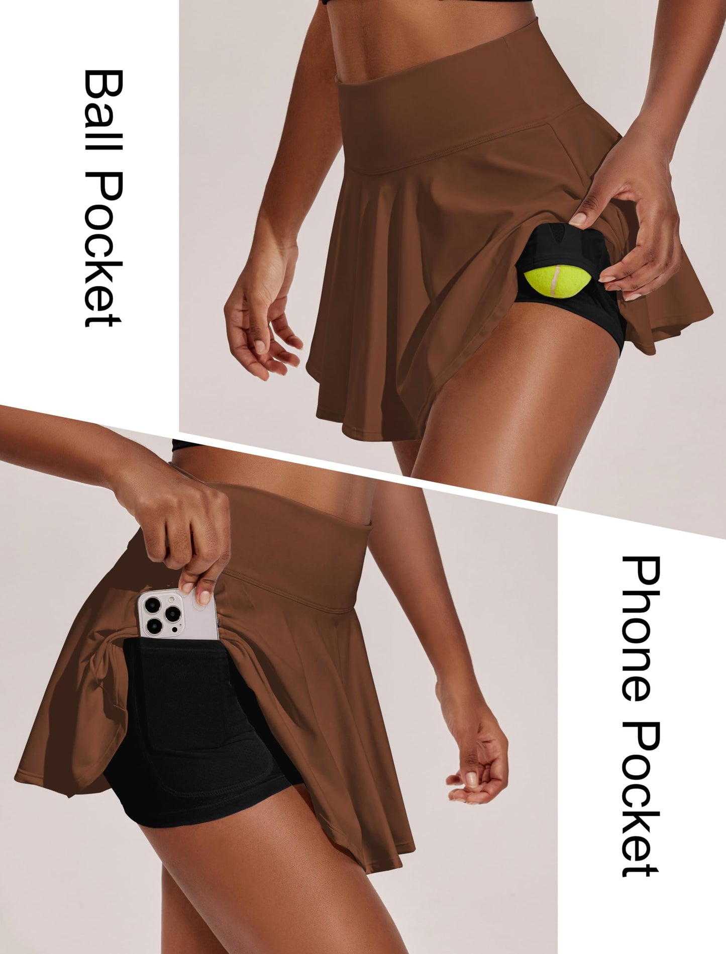 PINSPARK Women's Athletic Skirts A Line Pleated Tennis Skort with 2 Pockets Plus Size Sport Skirt, Brown XXL