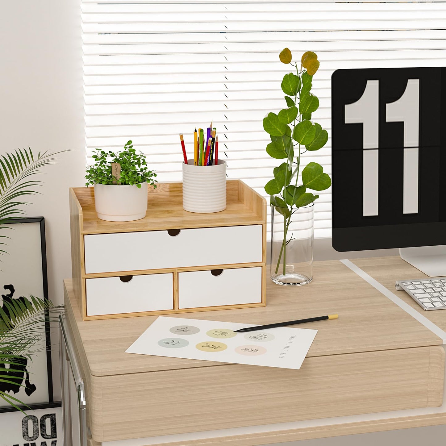 Desk Organizer with Drawers - Bamboo Desktop Organizer Storage | Natural-White Wood Desk Drawers Organizer for Bills, Office Supplies, Cosmetics, Seals No Assembly Required