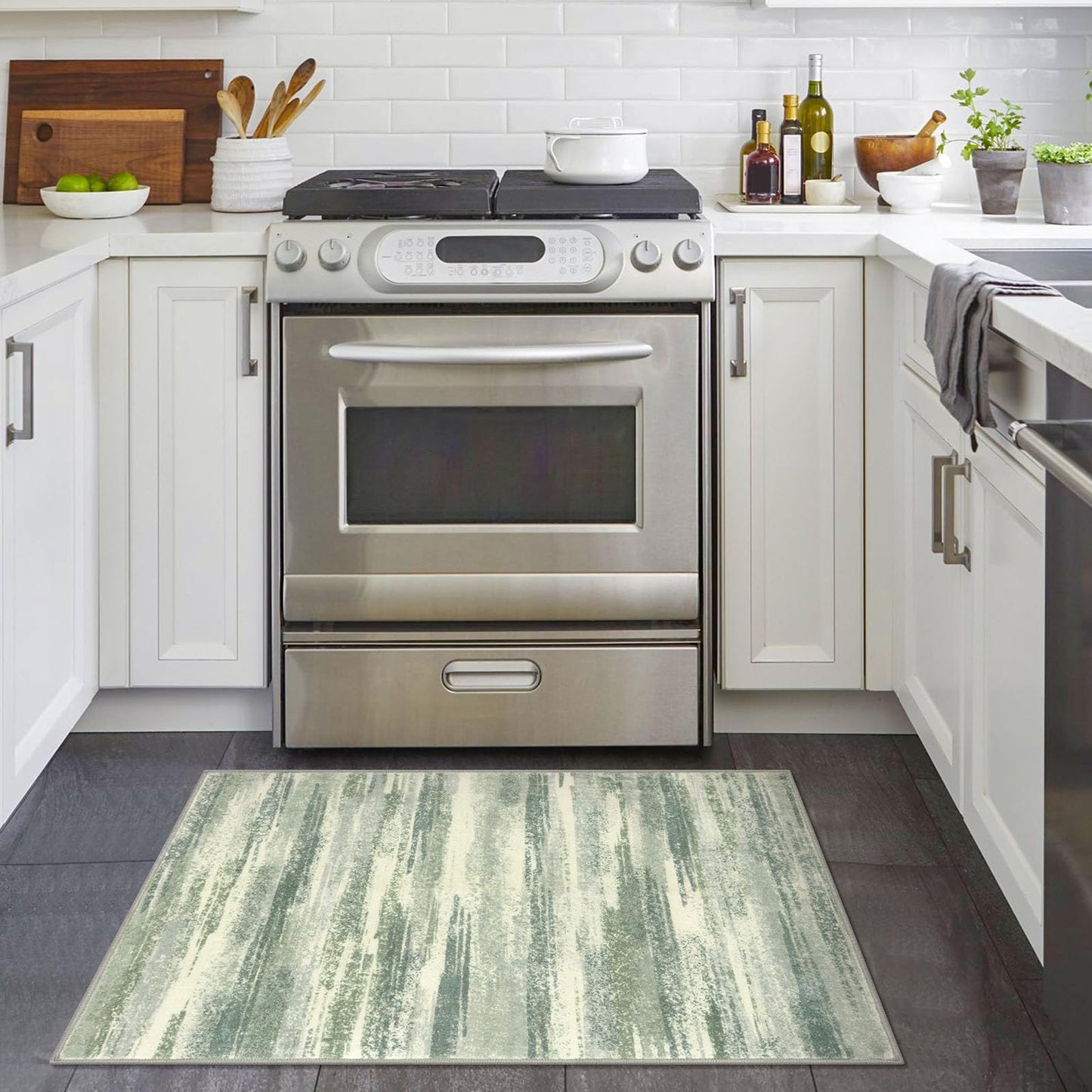 Lansny Modern Abstract Entryway Rug Indoor 2x3 Washable Rug Non-Slip Soft Small Area Rug Sage Green Grey Kitchen Mats Thin Print Faux Wool Floor Carpet Throw Rugs for Entrance Bedroom