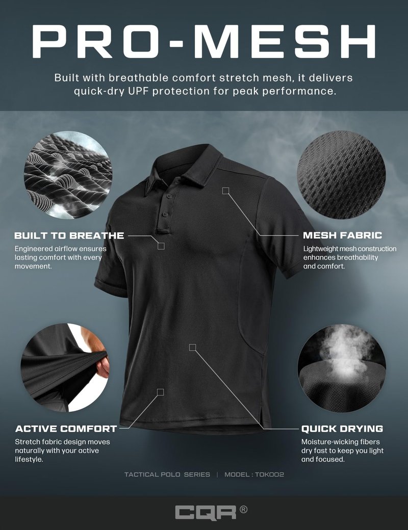 CQR Men's Quick Dry Tactical Polo Shirt, Lightweight Breathable Performance Polo, Short Sleeve UPF 50+ Outdoor Golf Shirt, Frost Essential Black, Large