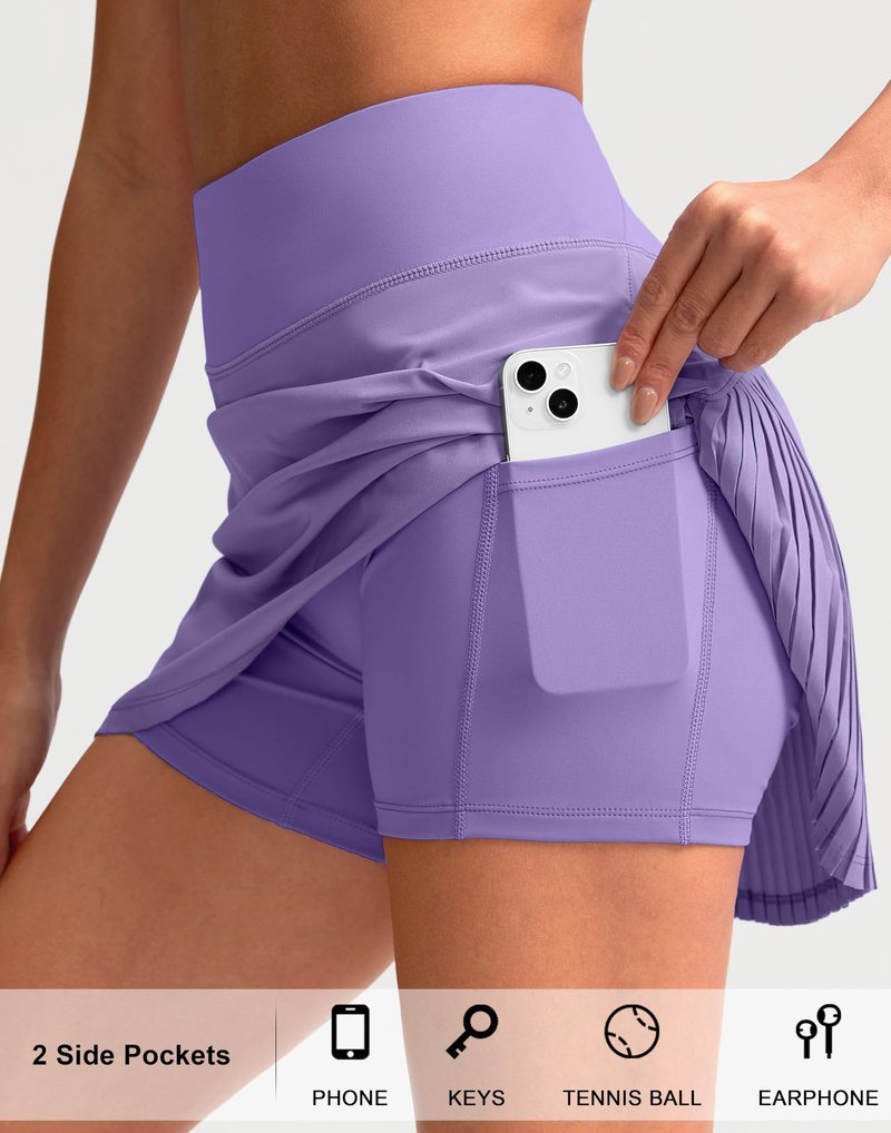 SANTINY 14" Tennis Skirt Skorts for Woman Pleated High Waited Skirts with Built-in Shorts Athletic Golf Skort (Lavander_M)
