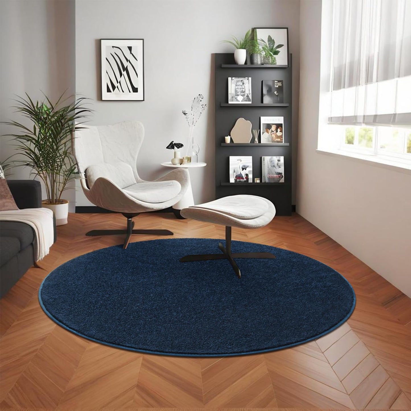 FALARK Navy Blue Round Area Rugs for Living Room Bedroom, 4x4 Feet Ultra Soft Memory Foam Modern Indoor Circle Carpet, Non-Slip Comfy Washable Circular Rug for Boys Girls Nursery Room Home Decor