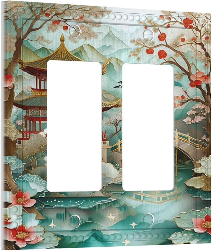 Asian Palace Traditional Bridge Cherry Blossoms Dual Outlet Covers Wall Plate 2 Gang Rocker Decorative Switchplate Electrical Faceplate GFCI Light Switch Covers for Farmhouse Living Decor