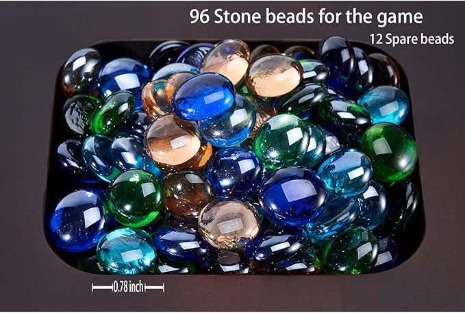VAMSLOVE Mancala 4 Player Board Game Set Luxury Solid Wood Folding Mancala Board 96+12 Bonus Multi Color Glass Stone Beads Game Instructions Included