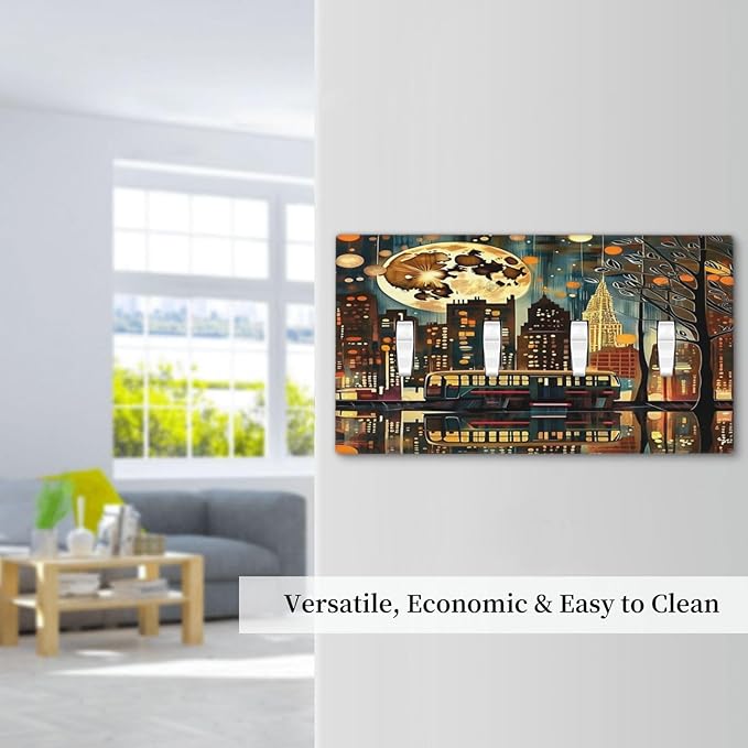 City Light Moon Bus Abstract Art Light Switch Covers Quad Toggle 4 Gang Wall Plate Decorative Switchplate Electrical Faceplate for Farmhouse Bathroom Living Decor