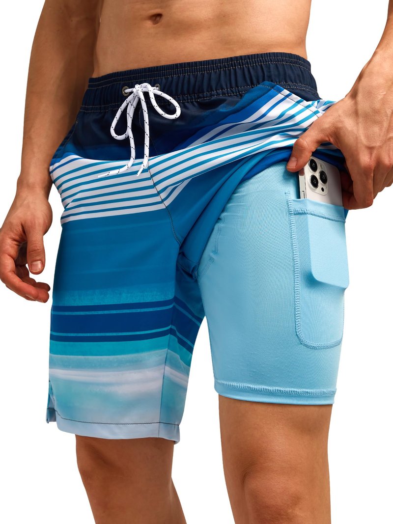 SILKWORLD Mens Swim Trunks with Compression Liner Quick Dry Split-Leg Swimsuit Swimwear Men's Shorts Bathing Suit,Blue and White Stripes,Large