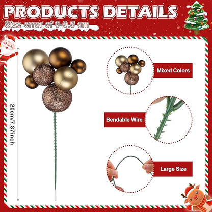 8 Pcs Brown Christmas Tree Picks 7.87 Inch Christmas Balls Ornaments Xmas Hanging Decorations for Xmas Tree Topper DIY Wreath Holiday Floral Vase Fillers Crafts Home Decor