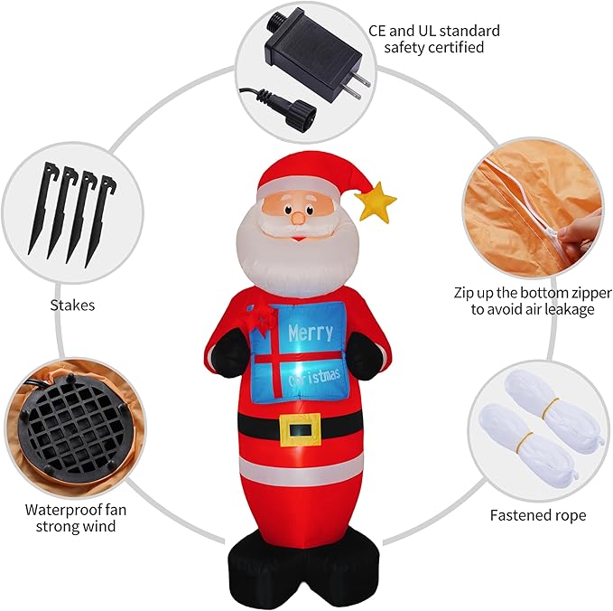 Christmas 8FT Inflatables Santa Claus with Gift Box and Build-in LED Lights, Xmas Blow up Gift for Indoor, Outdoor, Party, Yard, Garden, Lawn, Blow Up Holiday Decoration