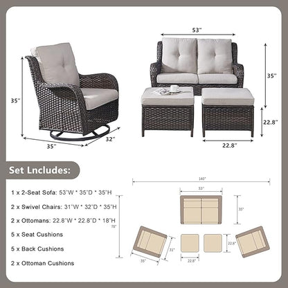 Rilyson Wicker Patio Furniture Set - 5 Piece Rattan Outdoor Sectional Conversation Sets with 2 Rocking Swivel Chairs,2 Ottomans and 1 Loveseat for Porch Deck Garden(Brown/Beige)
