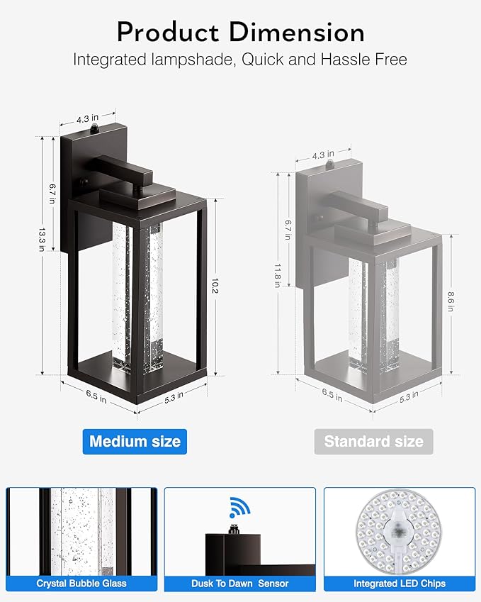 VIANIS Large Dusk to Dawn Porch Lights Outdoor, Oil Rubbed Bronze Exterior Garage Light Fixtures Wall Mount for House, Farmhouse Outdoor Wall Sconce Lantern with Integrated 10W LED Light Source