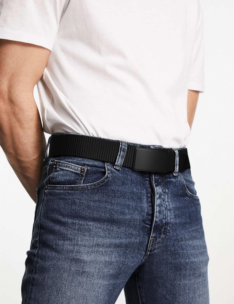 JUKMO Men's 1.5" Nylon Ratchet Belt, Casual Web Click Tactical Belt with Slide Buckle for Jeans, No Holes Adjustable Trim to Fit(Black,Medium)