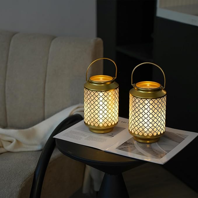TRIROCKS Set of 2 Battery Operated Lamp 7.5'' High Cordless Decorative Lamp Metal Table Lamps with LED Bulb for Home Living Room Weddings Parties Patio Events Outdoors Indoors Shelf (Gold)