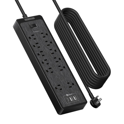 NTONPOWER 25 Ft Extension Cord Flat Plug, 12 Outlets(2 Widely Space) 3 USB with 2100J Power Strip, Overload Protection, 1875W/15A, Wall Mount for Home Office, Workbench or Garage,Black