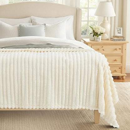 decorUhome Soft Fleece Cream White Blanket Queen Size for Bed, Cozy Fluffy Plush Flannel Large Striped Throws for Couch Sofa, Lightweight Decorative Fuzzy Blanket for Woman, 90x90 Inches