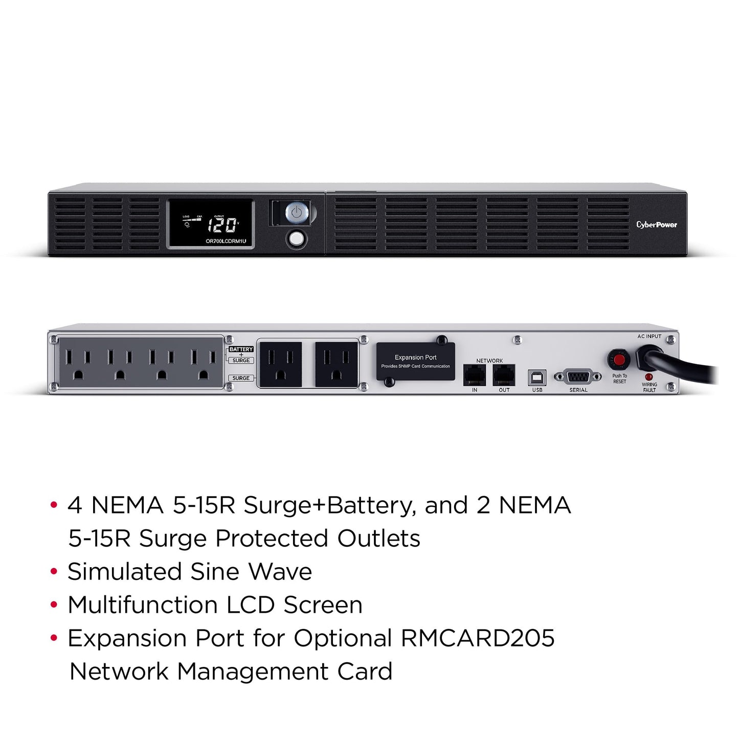 CyberPower OR700LCDRM1U Smart App LCD UPS Battery Backup and Surge Protector, 700VA/400W, 6 Outlets, AVR, 1U Rackmount, UL Certified