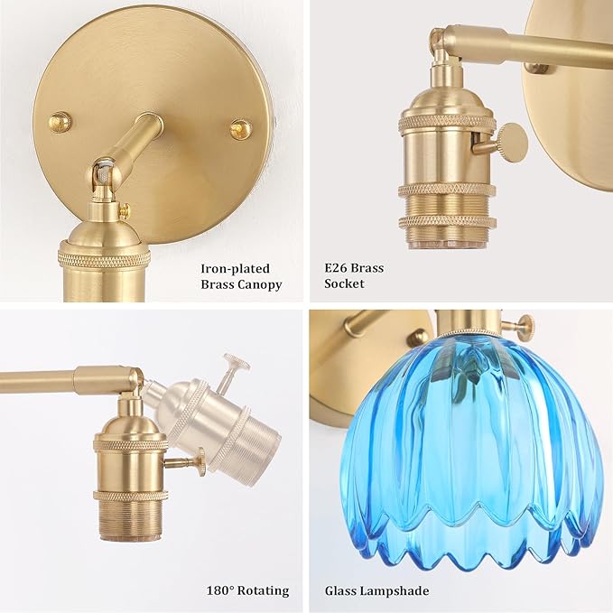 Vintage 5000 mAh Battery Operated Wall Sconce with Blue Clear Tulip Glass Lampshade Rechargeable Battery Powered Wall Light with Remote Control for Bedroom Doorway, Set of 2
