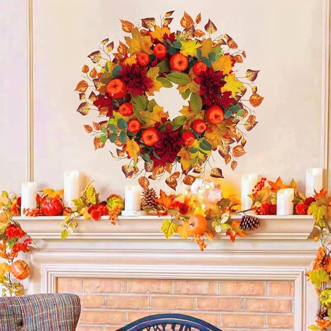 22 Inch Fall Wreath for Front Door, Thanksgiving Artificial Autumn Apple Wreath with Maple Leaves Dahlia Hydrangea for Farmhouse Home Window Wall Office Wedding Indoor Outdoor Decorations