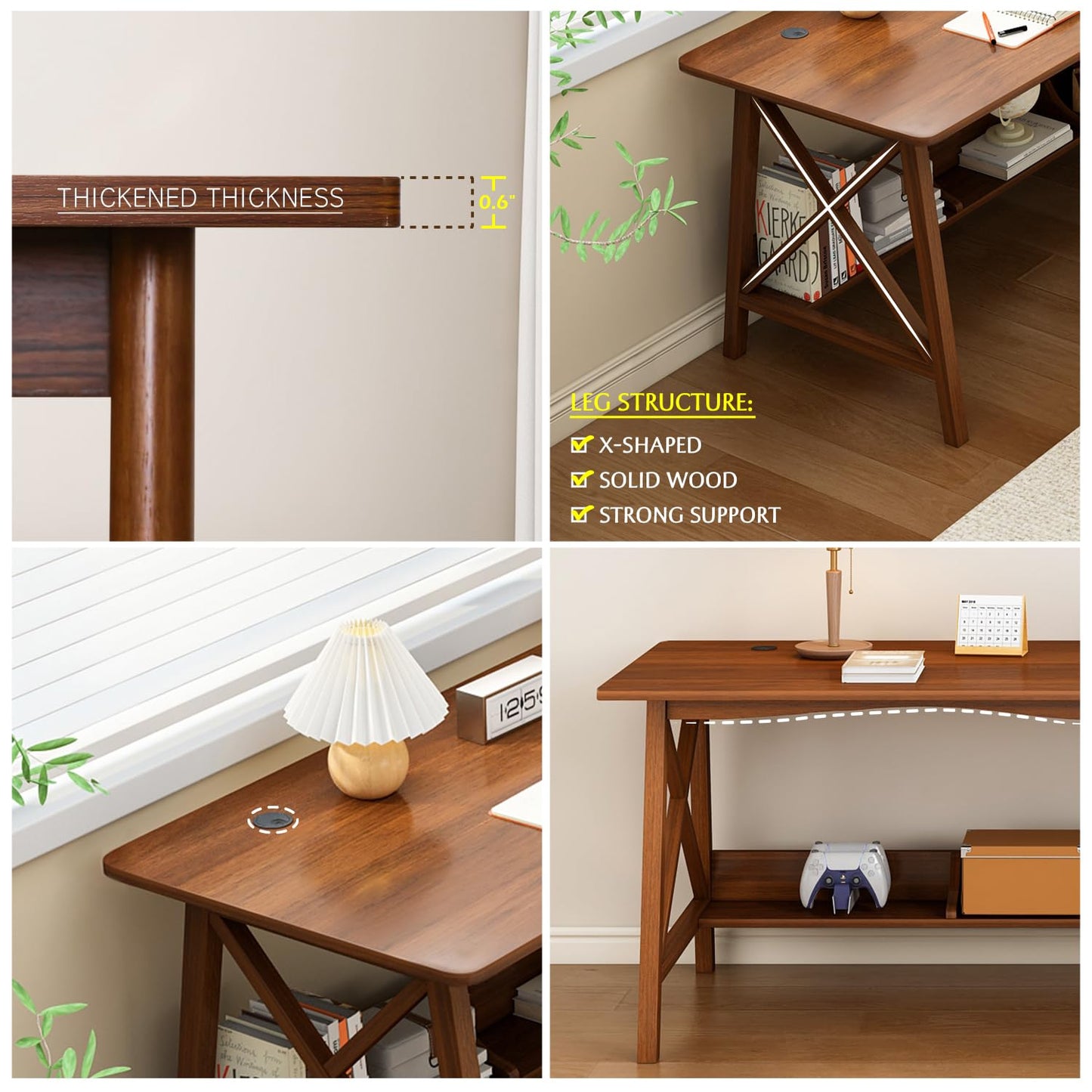 NELYE Extra Long Desk with Bookshelf - Wooden Home Office Work Study Table, Writing Computer Workstation with Storage Shelf in Walnut, 55" Wx20 Dx30 H