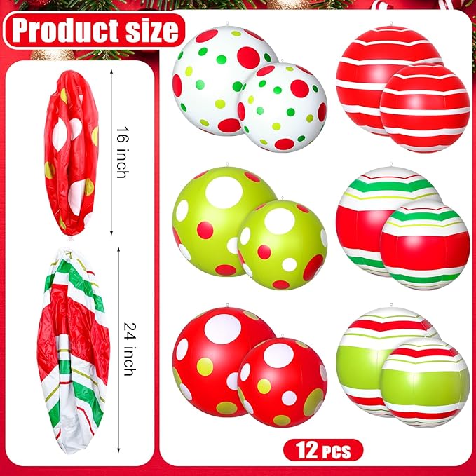 12 Pcs 24/16 Inch Giant Christmas Inflatable Ball Outdoor Blow up Xmas Inflatables Ornaments Giant PVC Christmas Ornaments for Tree Yards Lawns Porch Garden Front Doors Holiday Decor(24,16 Inch)