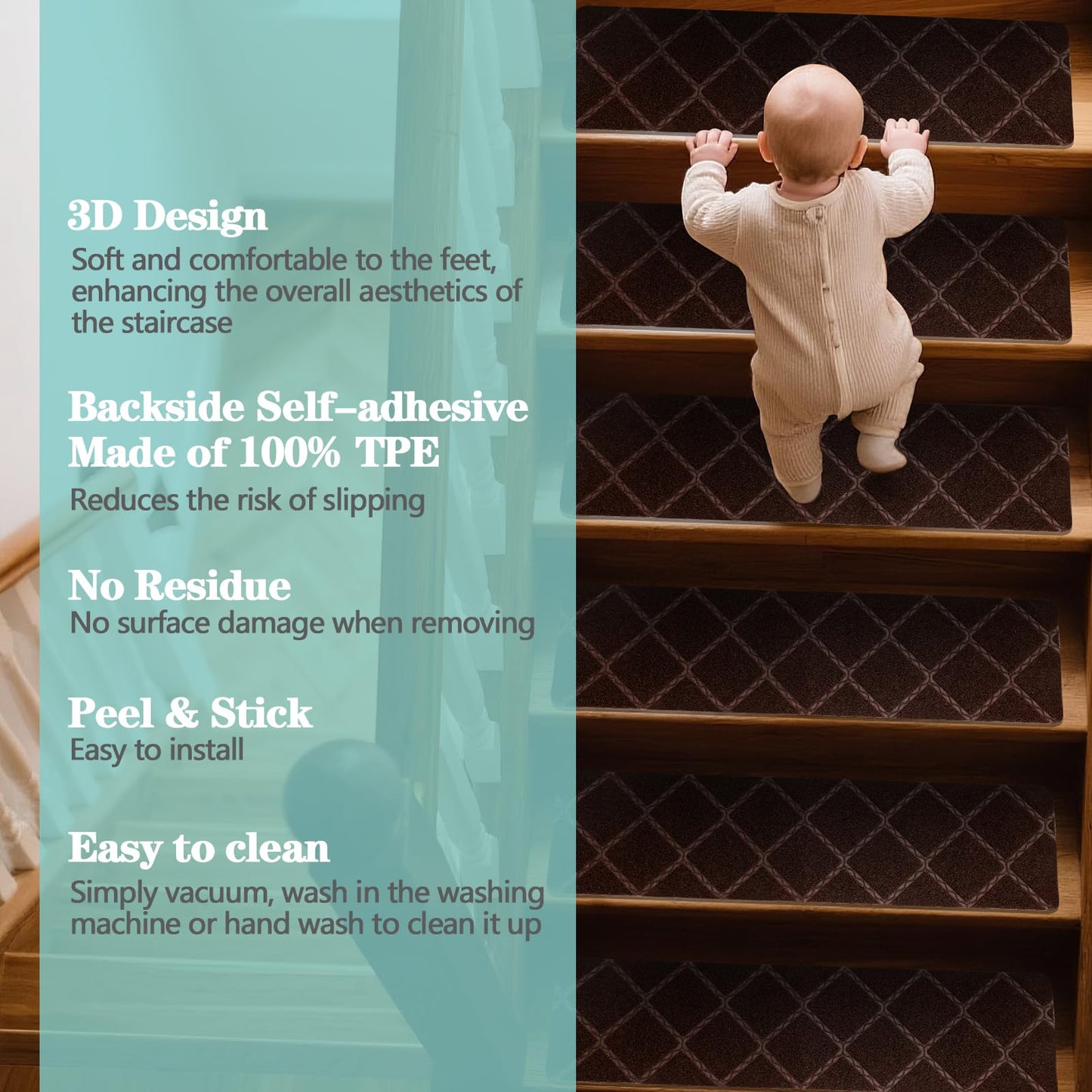 WAWINY 15 Pack Stair Treads for Wooden Steps Indoor, 8" X 30" Carpet Stair Treads Non Slips, Reusable Adhesive Staircase Step Treads Pads for Kids Elders & Pets(Dark Brown)