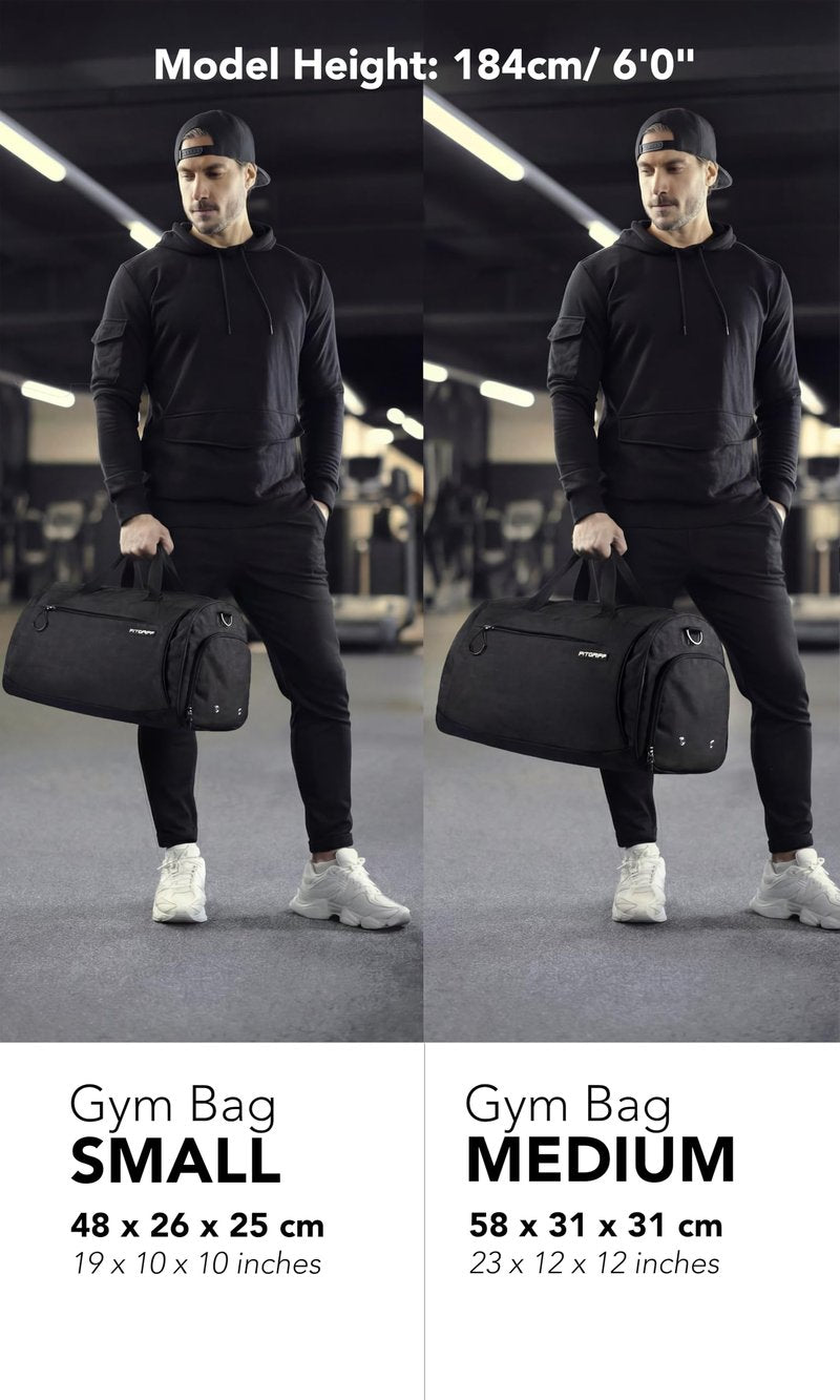 Fitgriff® Gym Bag for Men & Women with Shoe & Wet Compartment - Duffle Bag for Travel, Sports, Fitness & Workout (Full Black, 19 x 10 x 10″ (Small))