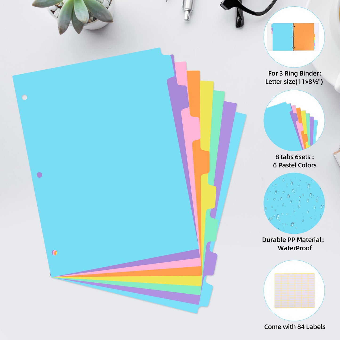 3 Ring Binder Dividers with TAB,48PCS/6 Set Plastic File Dividers,8 Tab 3 Hole Punch Dividers,Pastel Color,Letter Size,6 Sets