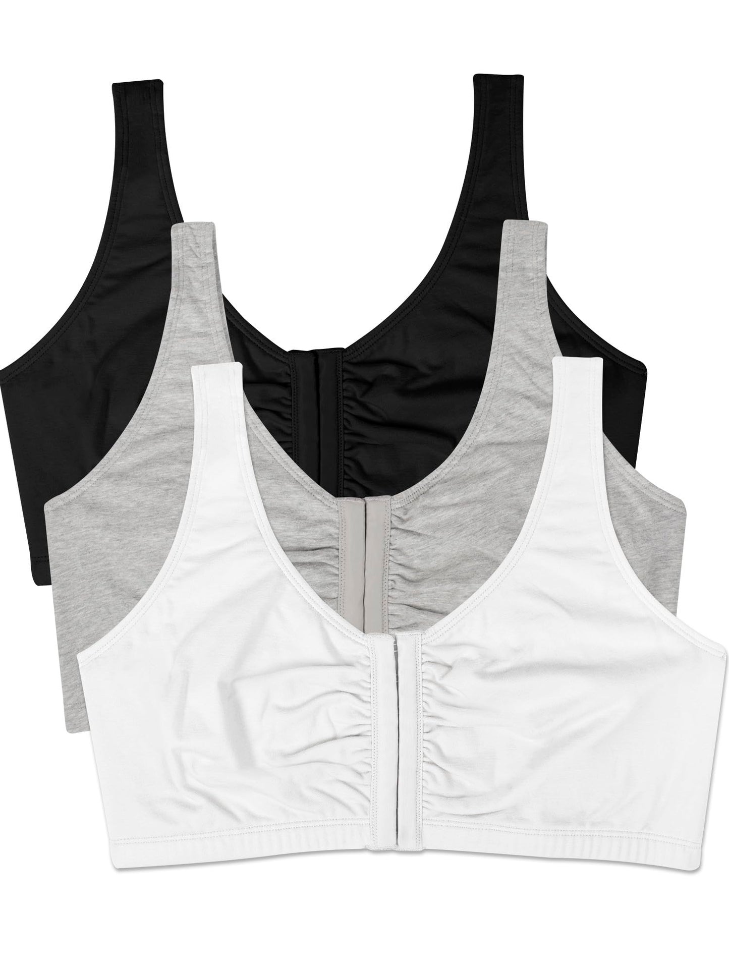Fruit of the Loom womens Front Closure Cotton Sports Bra, Black/White/Heather Grey 3-pack, 38 US