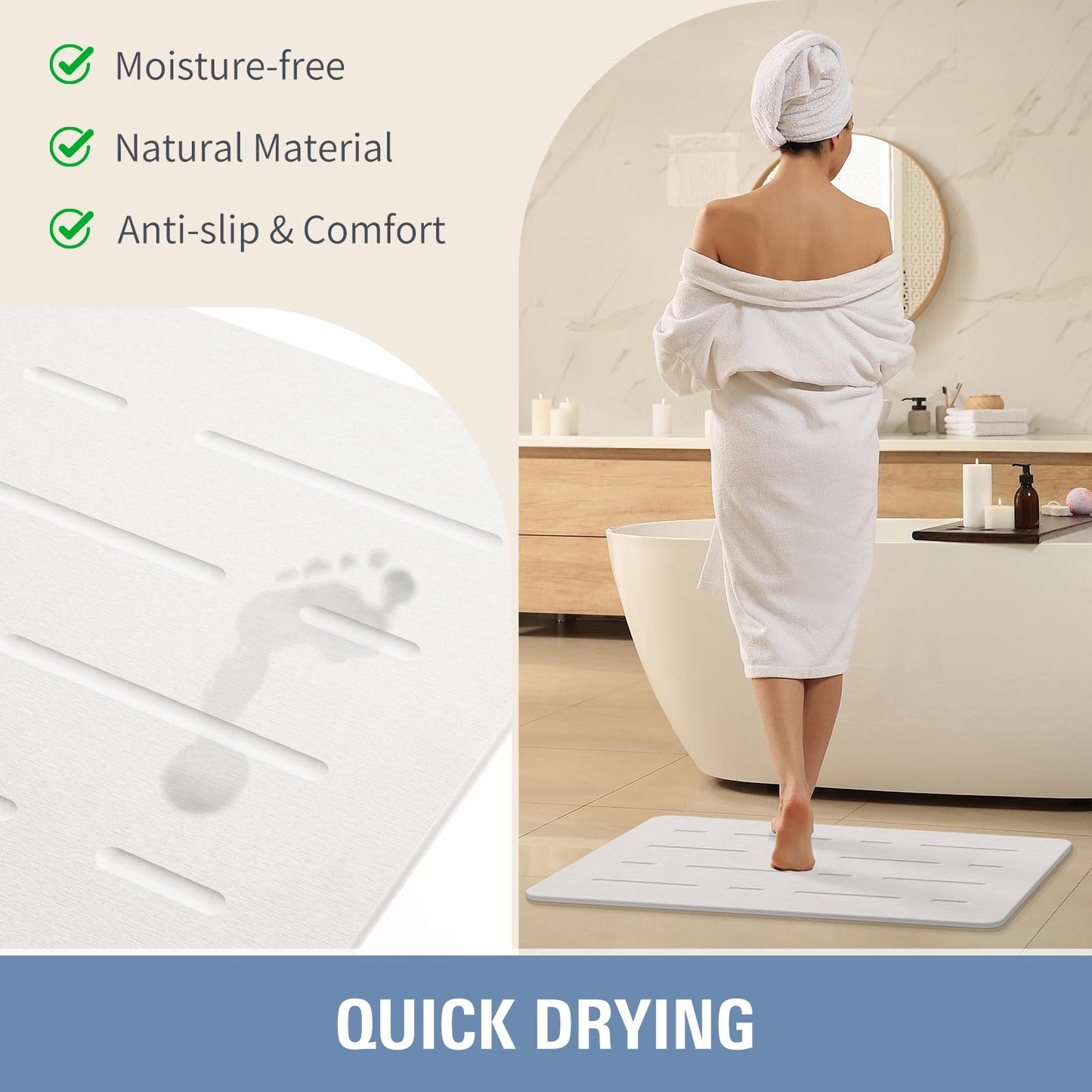 OTHWAY Large Stone Bath Mat, 32"x 20" Diatomaceous Earth Bath Mat for Bathroom Quick Drying Absorbing, Long Non-Slip Diatomite Hard Stone Shower Mat Instant Dry(White Grey)