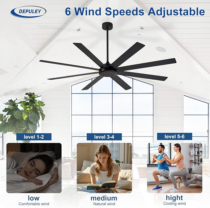 Depuley Black Ceiling Fan without Light: 72 Inch Indoor/Outdoor Fan Reversible DC Motor 6 Speed - Dual 8 Blades Large Ceiling Fans with No Light for Living Room Covered Patio