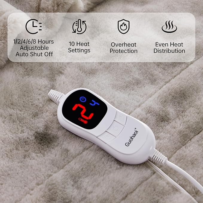Guohaoi Heated Blanket Electric Throw, Soft Faux Rabbit Fur Electric Blanket with 10 Heating Levels 5 Sitting Timer Auto Off, Cozy Warm Heating Blankets, Machine Washable(84"×90" Light Grey)