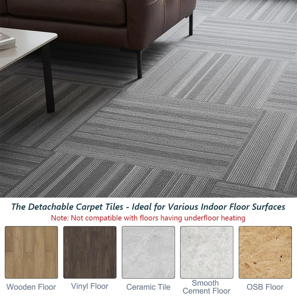 SUWUYUE Commercial Carpet Tiles 24"x 24" Reusable Squares, 18 Tiles 72 Sqft Non-Slip Gray Stripe Pattern Loop Pile Seamless DIY Flooring for Office Business Residential Spaces