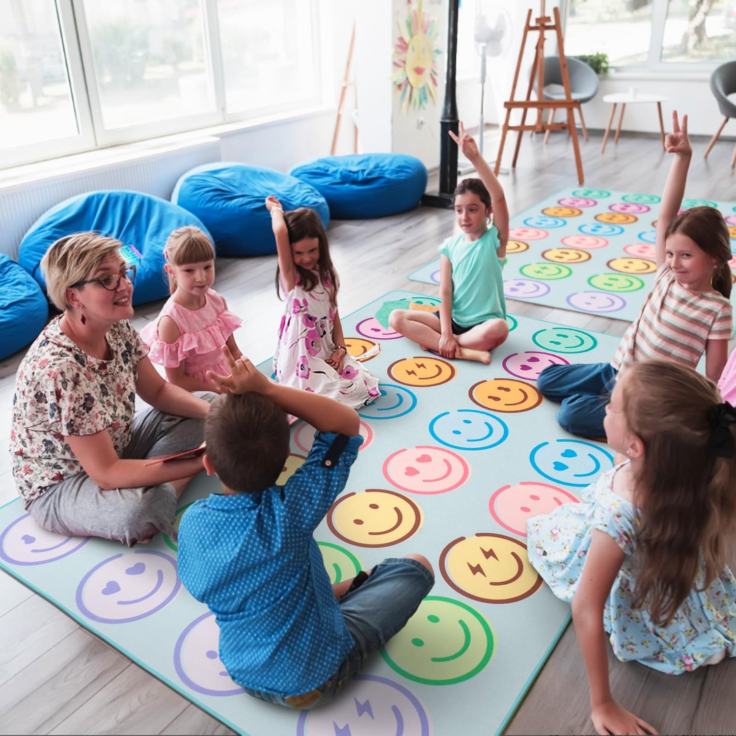 5' x 7' Classroom Rug, Carpets Schoolgirl Style Pastel Smileys Educational Area Rugs for Kids Room Seating Décor, Play Carpet for Teaching and Playroom (Smiley Face Rug, 5x7ft)
