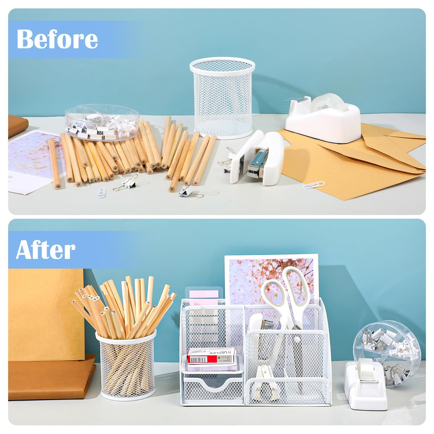 11 in 1 Desk Organizers and Accessories - White Office Supplies - Includes White Stapler, Tape Dispenser, Pen Holder, Staple Remover, Clips, Ruler, Scissors, Tapes, Tabs