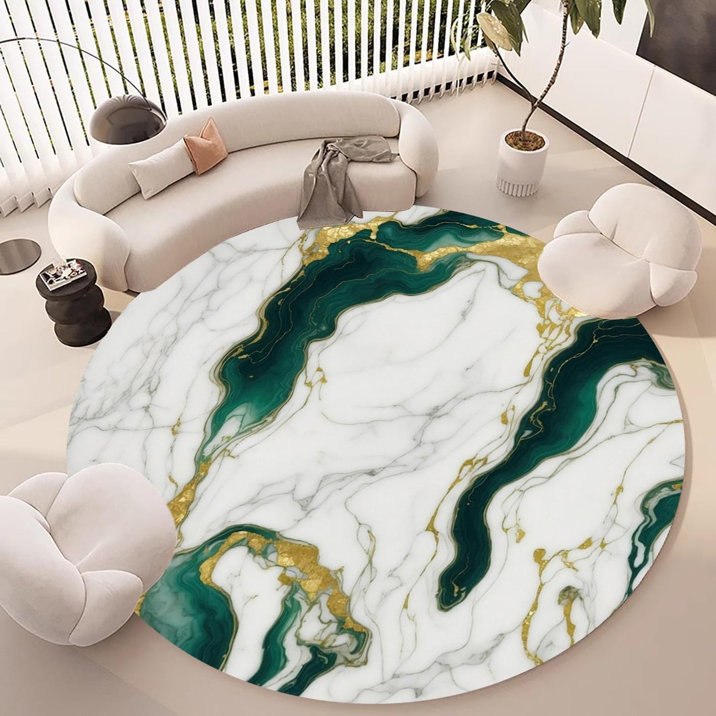 Emerald Green Gold Marble Abstract Modern Aesthetic 6ft Round Area Rug for Living Room Bedroom Diningroom Washable Wool Ultra Soft Carpet Art Deco Guestroom Meetingroom Office Floor Rug Mat